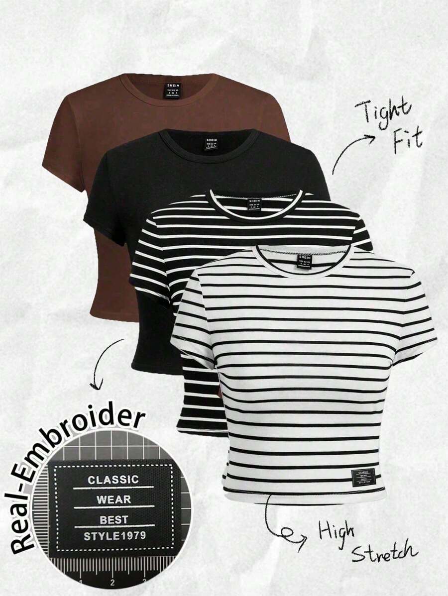 SHEIN EZwear 4pcs/Set Casual Minimalist Solid Color Versatile Round Neck Short Sleeve Fitted Cropped Women T-Shirts, Striped Fabric, Suitable For Daily Wear