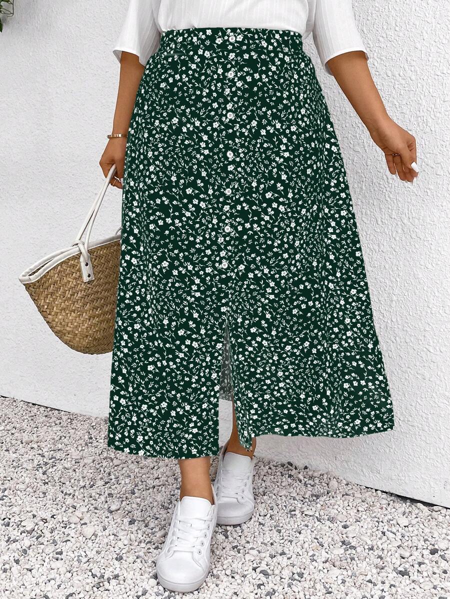 SHEIN Frenchy Falda estampada de vacaciones estilo minimalista informal para tallas grandes, adecuada para vacaciones románticas y uso diario