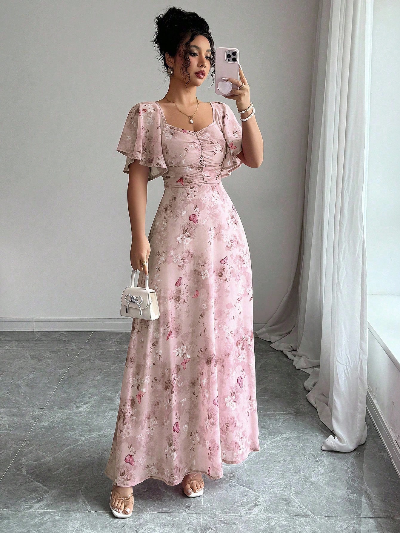 Modelyn Robe d'été femme style français doux plissé, manches chauve-souris, imprimé papillon en mousseline de soie
