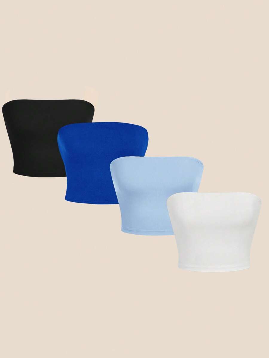 SHEIN Essnce 4 piezas de top corto de unicolor sexy: negro, blanco, azul, azul claro, top ajustado versátil y casual de verano para mujeres