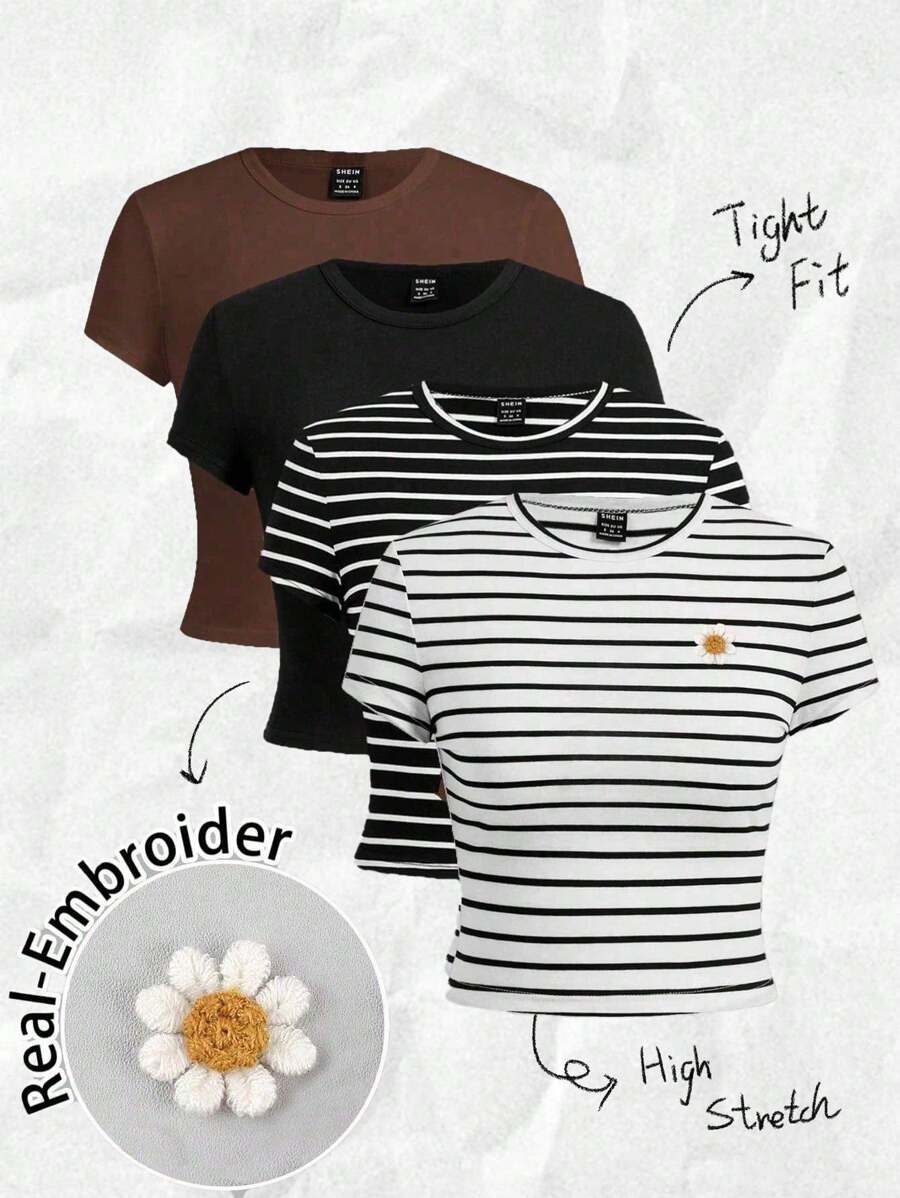 SHEIN EZwear 4pcs Set All-Match Solid Color Round Neck Fitted Short Sleeve Crop T-Shirts For Women, Daisy Embroidered,Sexy Cute Y2K Coconutgirl Boho Music Festival