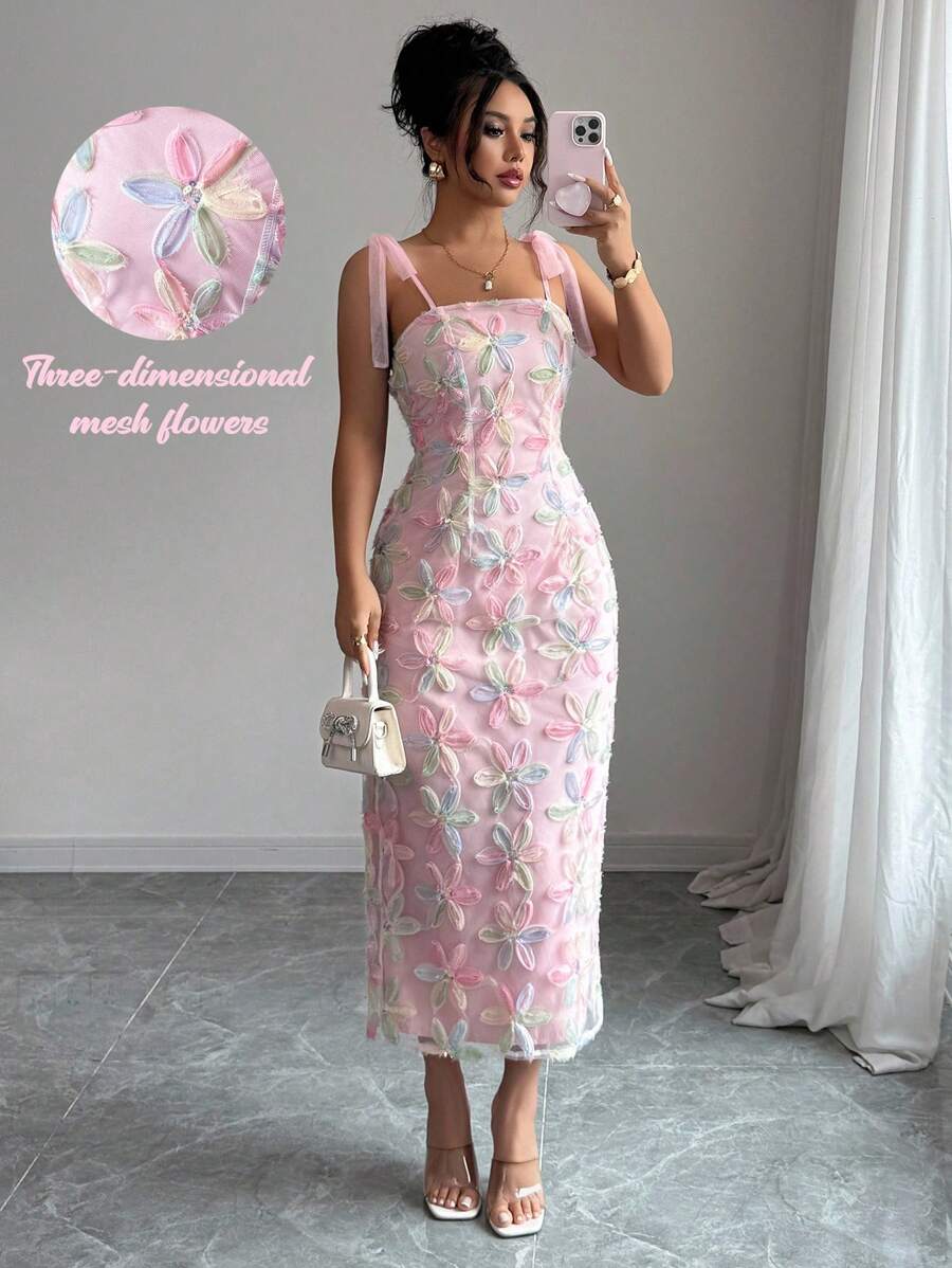 Elenzga Midi Dress With 3D Floral Mesh Straps, Elegant Bow & Slit Detail For Women