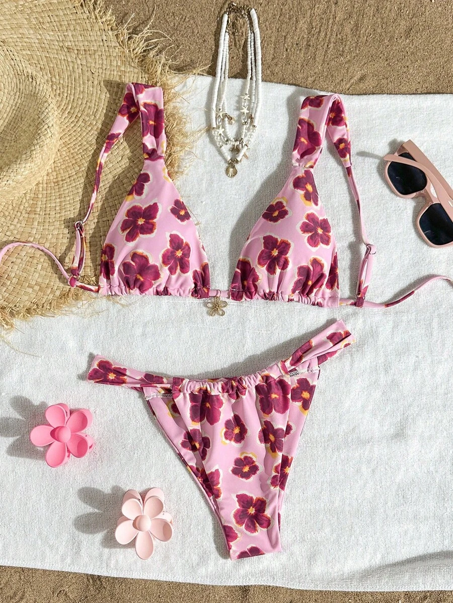 Swim Mod Women Pink Floral Print Bikini Set, 2pcs Beach Swimsuit