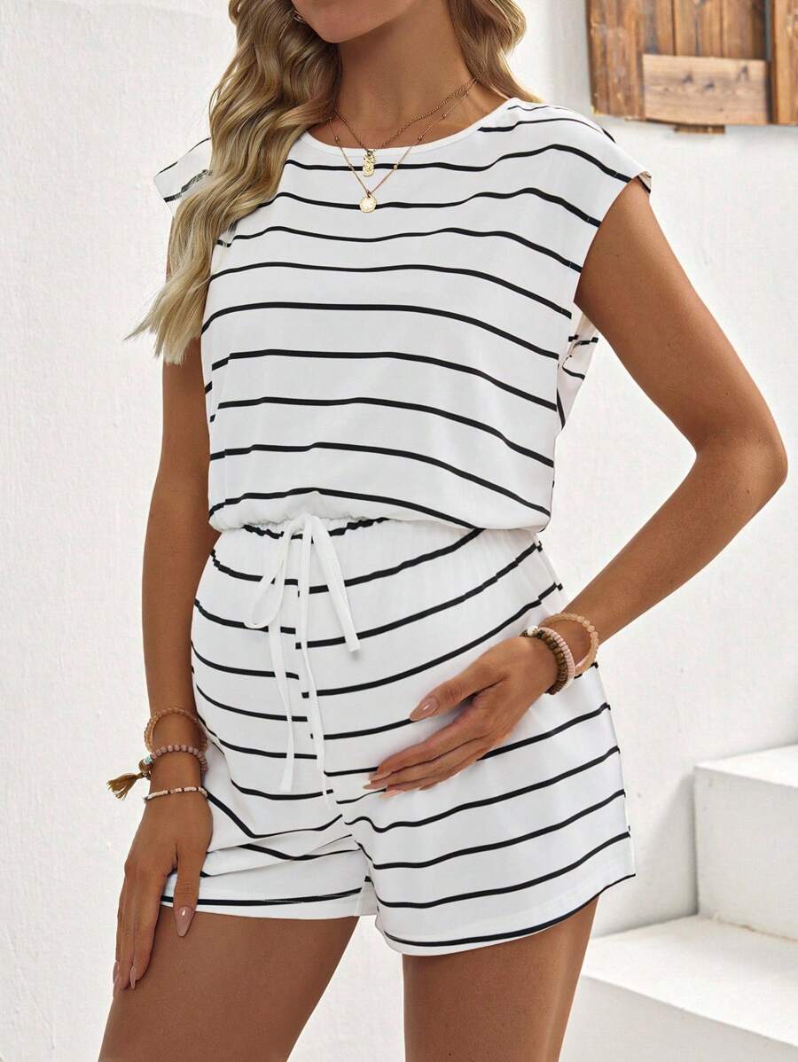 SHEIN Mono informal de maternidad de cuello redondo a rayas con cordón en la cintura