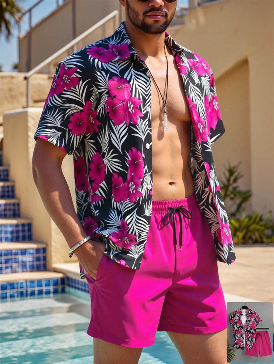 Manfinity KASUA Men's Tropical Print Vacation Casual Shirt And Shorts Beach Outfit