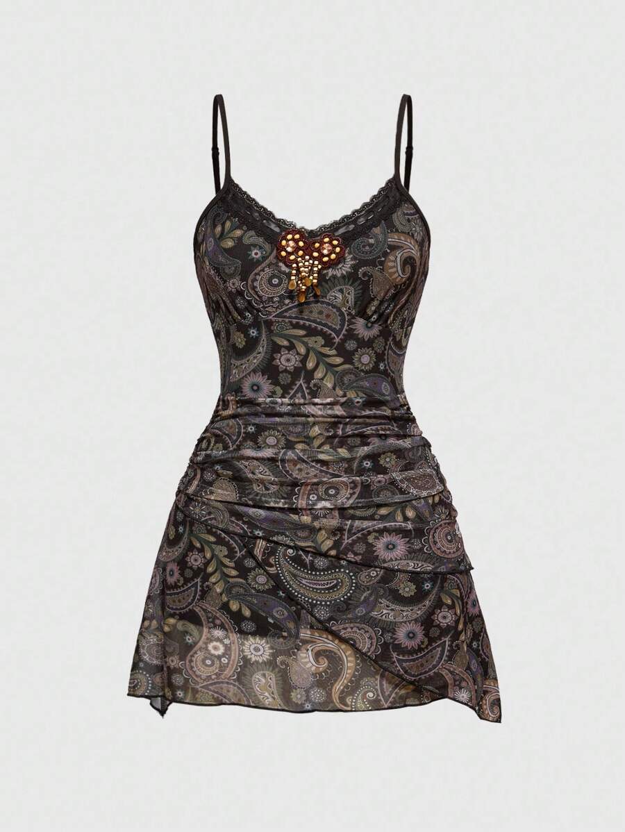ROMWE Hippie Vestido corto de mujer con estampado paisley de volantes, encaje y cinta en estilo vintage hippie retro