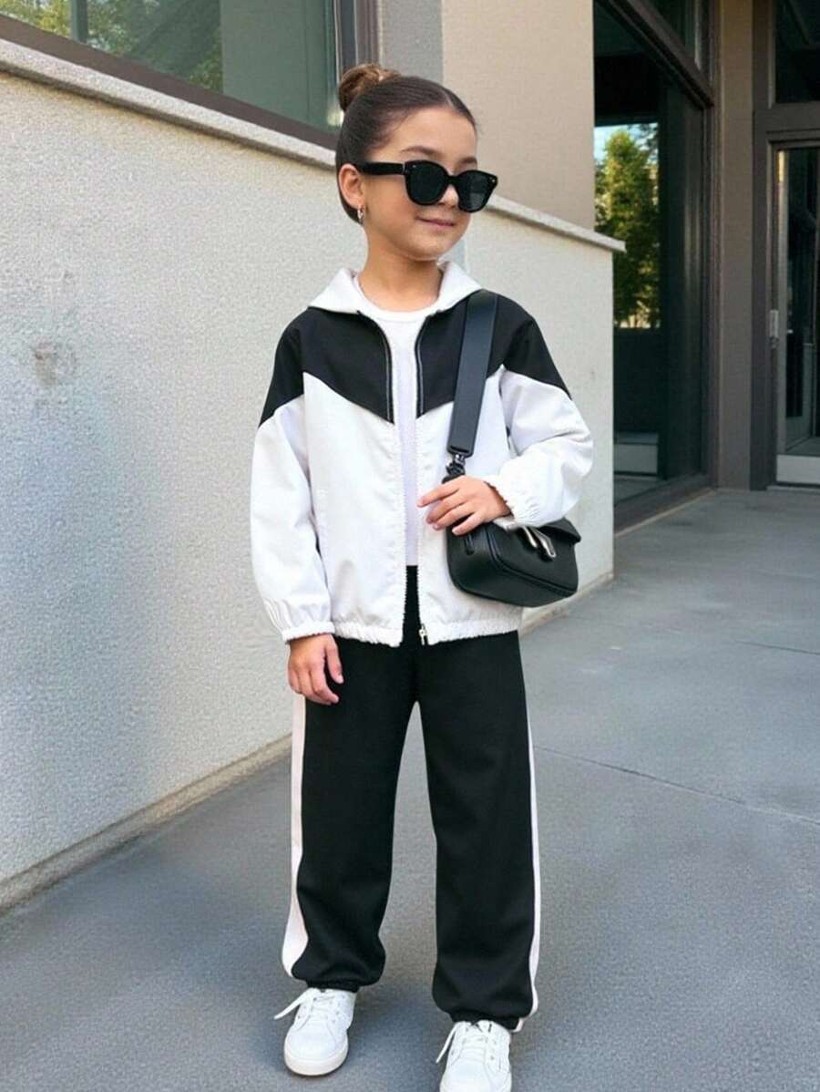 SHEIN Young Girl Colorblock Zip Up Hooded Jacket & Pants Girls Tracksuit Set