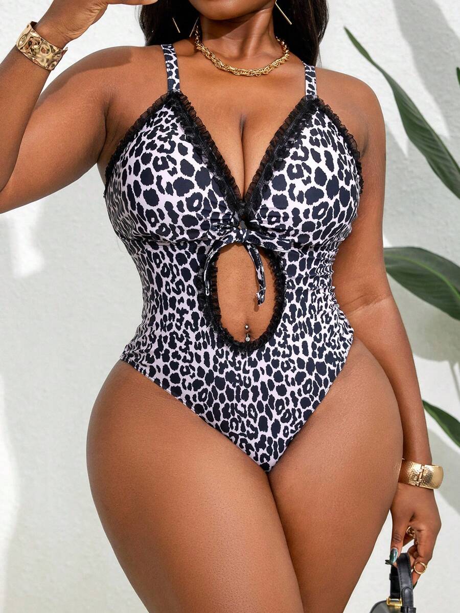 Slaydiva 1pc Sexy Leopard Print Hollow Out Backless Lace Trim Halter Neck Plus Size Swimsuit For Women