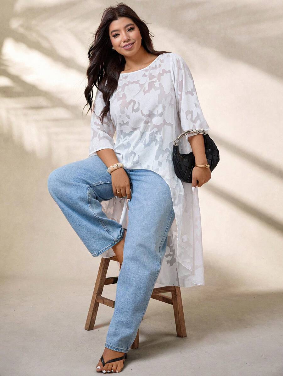 EMERY ROSE Blusa casual de mujer talla grande con estampado de peonía, semitransparente y con bajo asimétrico, para verano