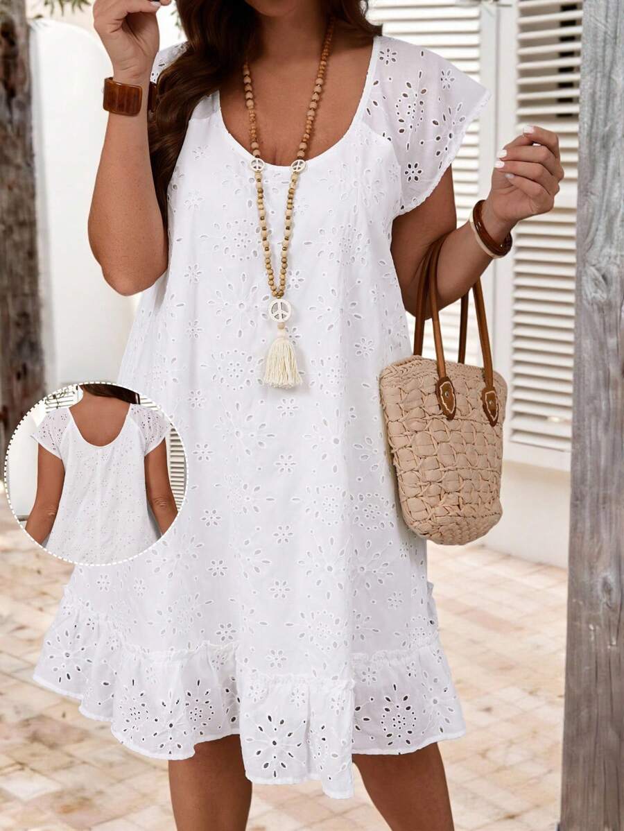 EMERY ROSE Abito largo da donna stile vacanza estiva, tinta unita, in rete con ricamo, manica raglan, taglie comode