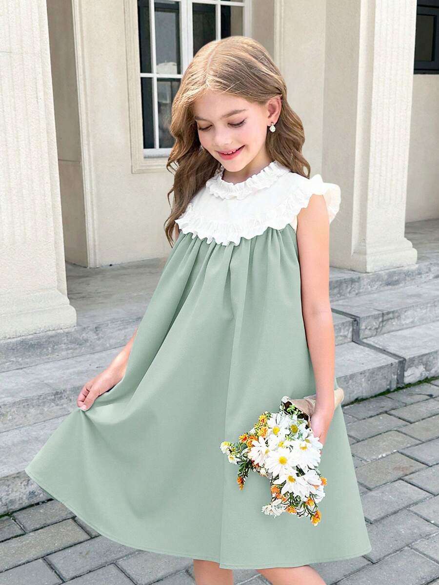 SHEIN Tween-Mädchen Ärmelloses Lässig Kleid in A-Linie mit Farbblock-Muster und Rüschenbesatz