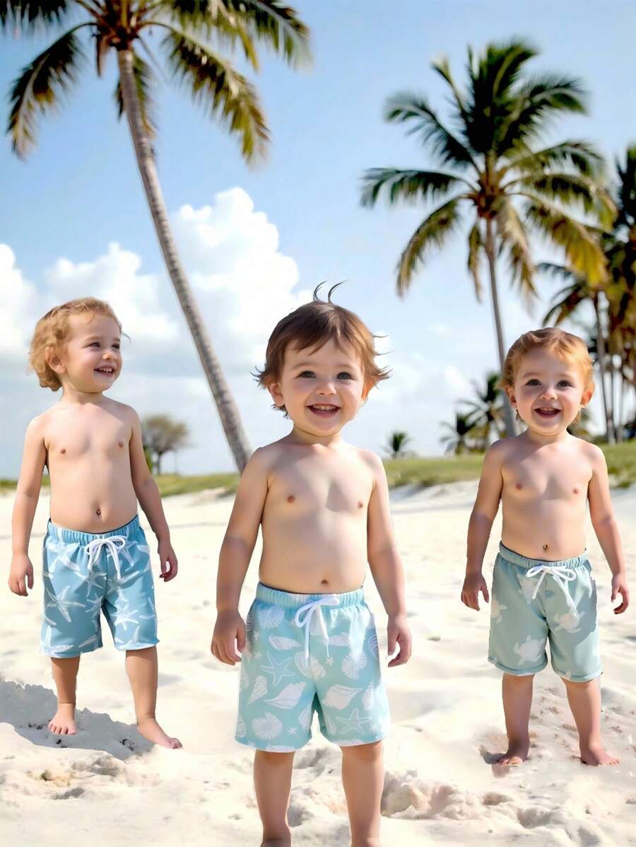 Young Boys 2025 New Swimwear Set - 3 Pcs: Swim Trunks, Swimsuit, Printed With Ocean Animals, Drawstring Waist, Woven Fabric, Casual & Cool, Perfect For Vacation, Summer Photo Shooting, Gift