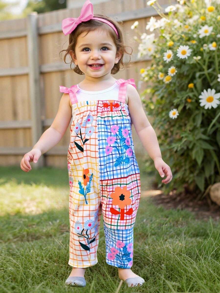 SHEIN Fashionable Plaid & Floral Print Baby Girls' Jumpsuit