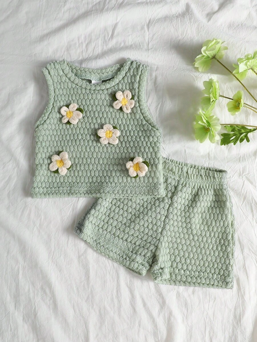 SHEIN Vintaside Kids 2-Piece Baby Girl Set Cute Casual 3D Floral Decorative Sleeveless Top And Pants Set Suitable For Spring And Summer Daily Wear