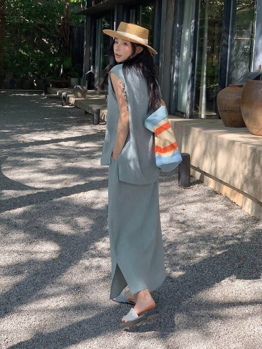 DAZY Set de 2 piezas de chaleco y falda de mujer en unicolor con textura