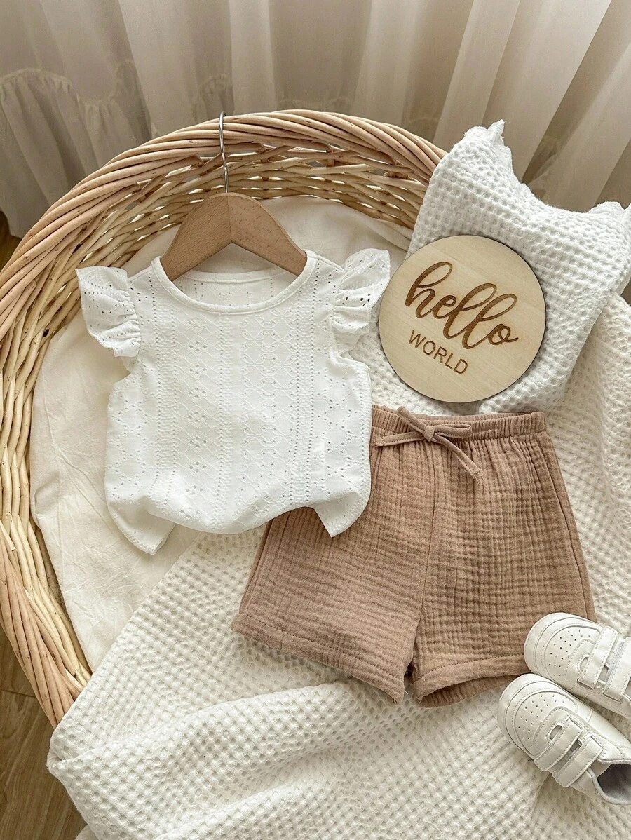 Baby Girl Summer Cute White Top And Elastic Waist Shorts Set