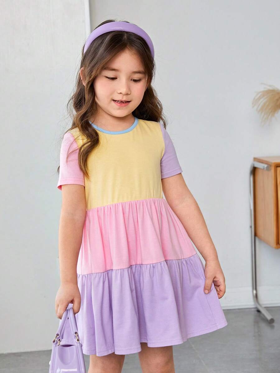 SHEIN Young Girl Cute Casual Vacation Round Neck Short Sleeve Contrast Color Knitted Comfortable Dress