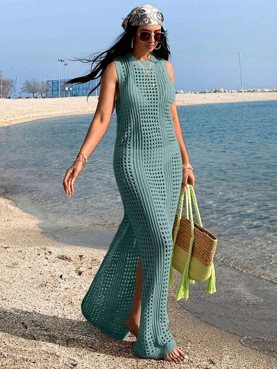 Vestido largo sin mangas de mujer tejido a crochet