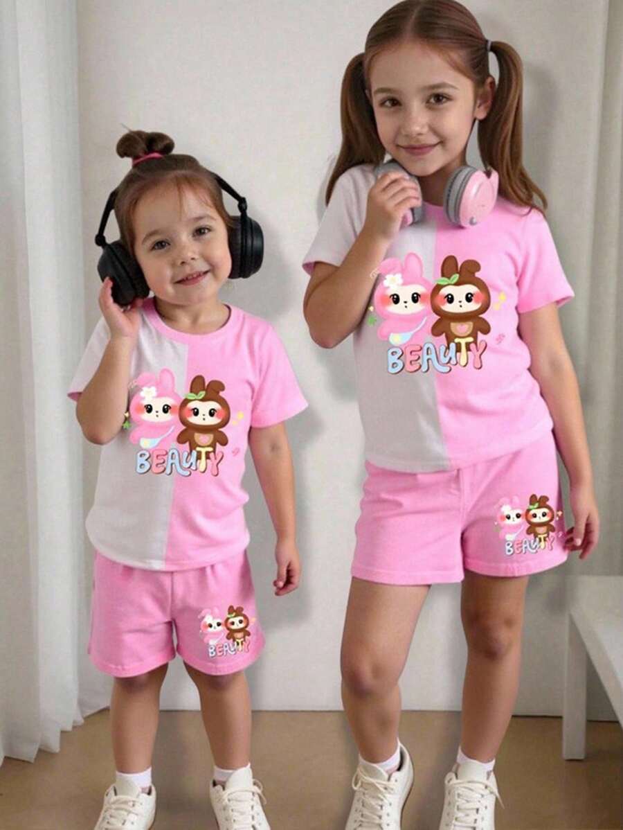 Young Girl Casual Simple Cute Cartoon Print Short Sleeve Round Neck T-Shirt & Shorts Set, Suitable For Summer