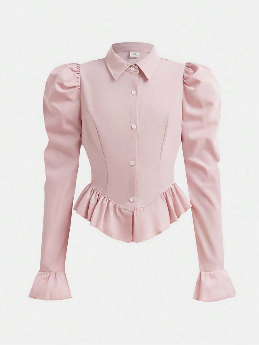 SHEIN Girlism Tween Girl Loose Casual Minimalist Comfortable Lantern Sleeve Ruffle Puff Sleeve Long Sleeve Shirt