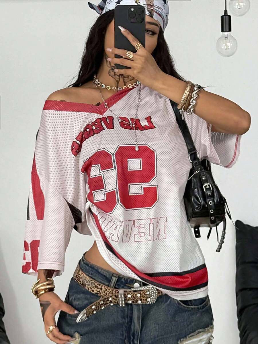 Coolane Camiseta casual holgada de estilo deportivo con cuello en V, hombros caídos y estampado de letras, para parejas, estilo urbano primavera-verano
