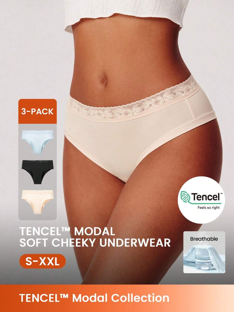 LUVLETTE 3 pièces Culottes modal à taille moyenne avec bordure en dentelle, sous-vêtements aériens pour femmes