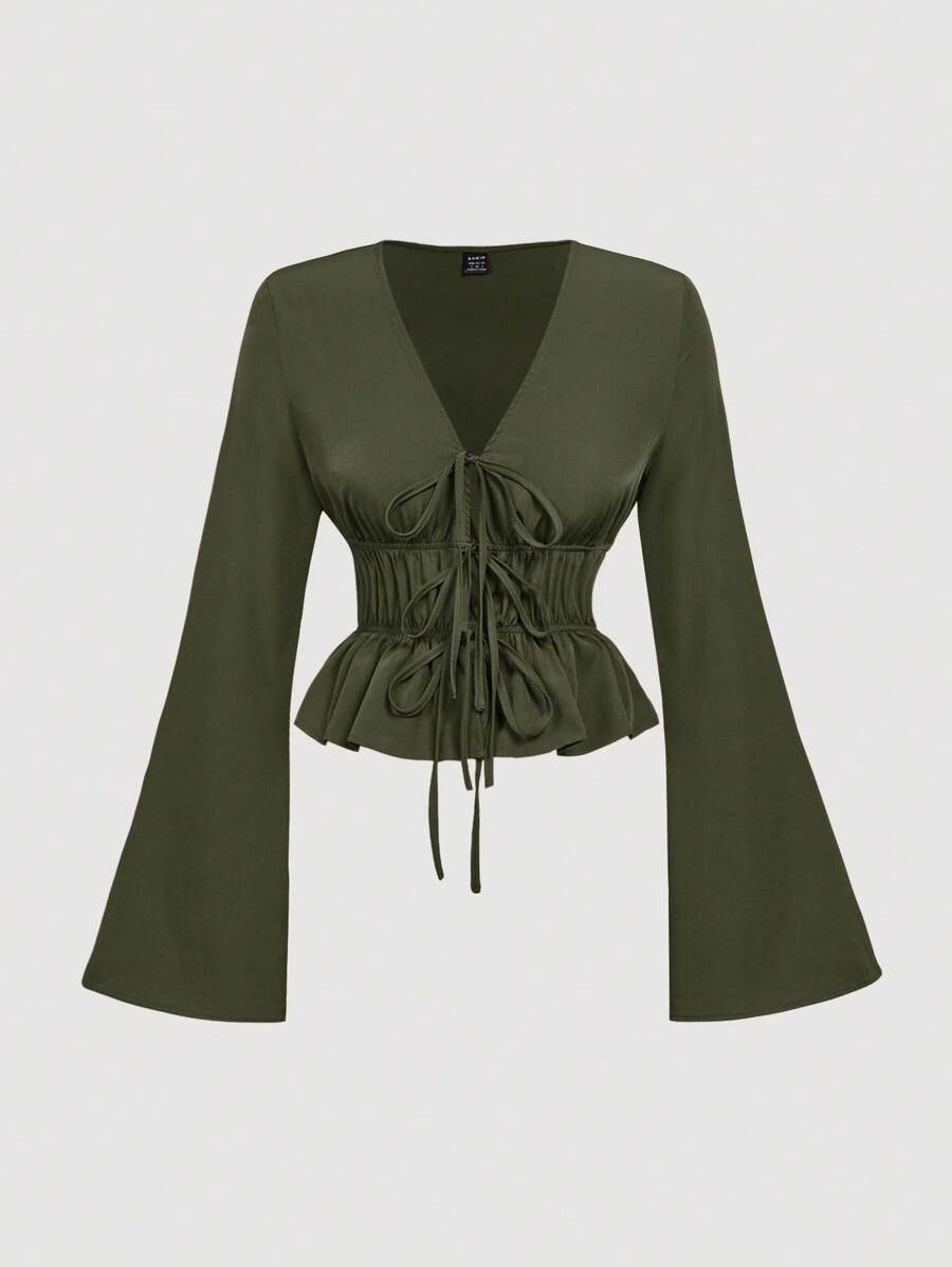 SHEIN MOD Blouse évasée à manches évasées et nœud devant pour femmes en vert, costumes ajourés, costume de diable, vintage, Top de pirate, hippie, hauts de sortie