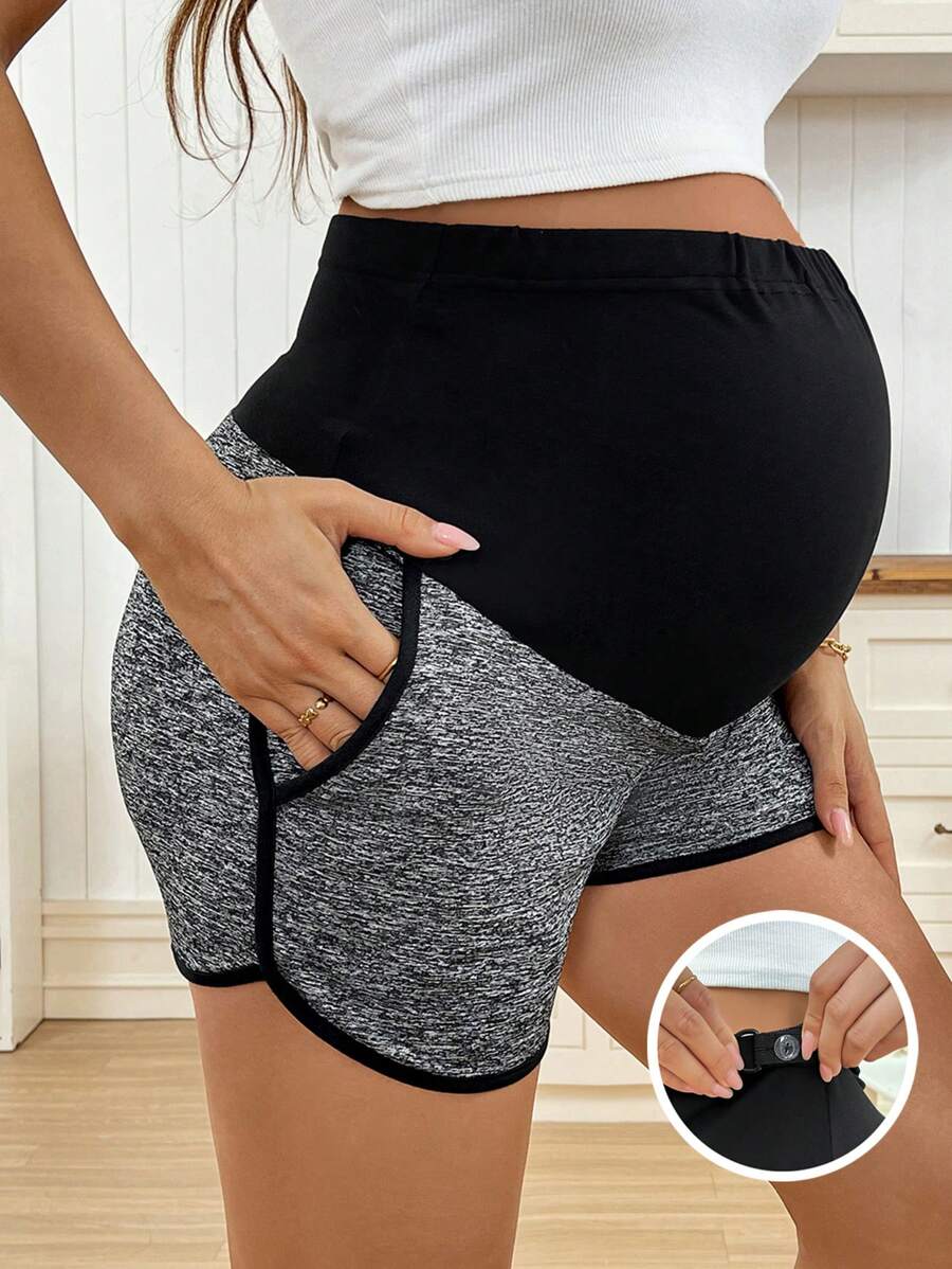 SHEIN Adjustable Contrasting Color Maternity Belly Support Shorts, Summer Maternity Shorts Dark Grey With Black Stitching And Pockets