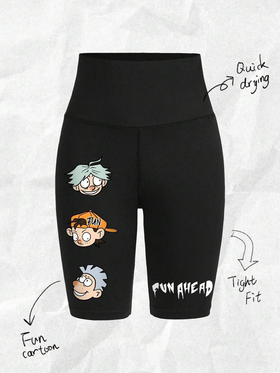 SHEIN EZwear Cartoon Print Casual Knit Cycling Shorts, Tight Leggings For Women, Suitable For Summer