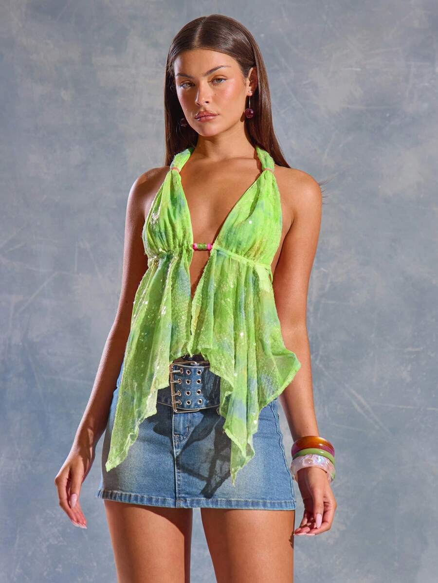 MUSERA Top con scollo a barchetta legato al collo, con paillettes, orlo asimmetrico, adatto per primavera, estate, outfit Ibiza, stile Y2K, outfit per ragazze cool, festival, rave, vacanze, uscite in club, carino