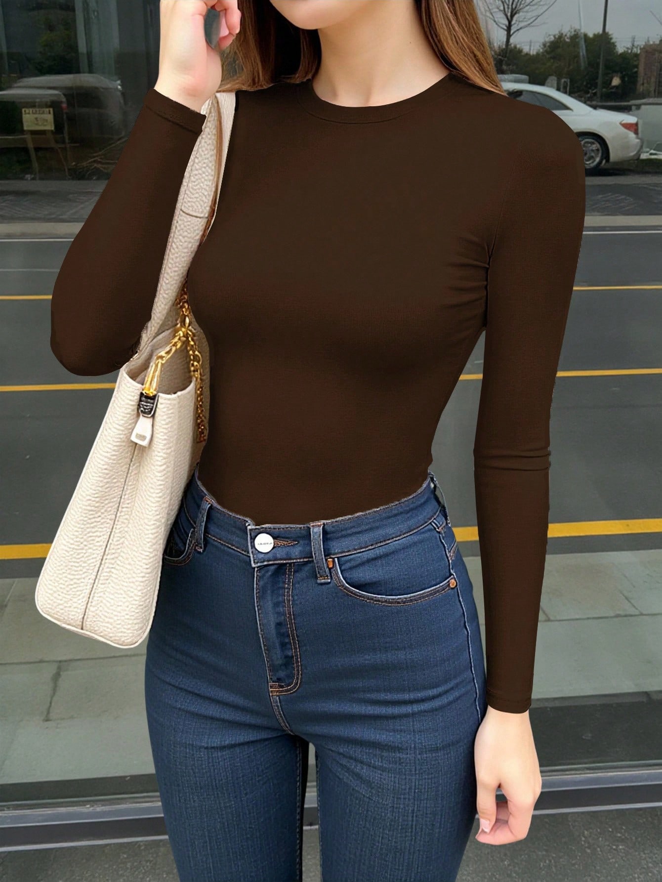 INAWLY Bruin T-shirt met lange mouwen en ronde hals voor dames, slim fit
