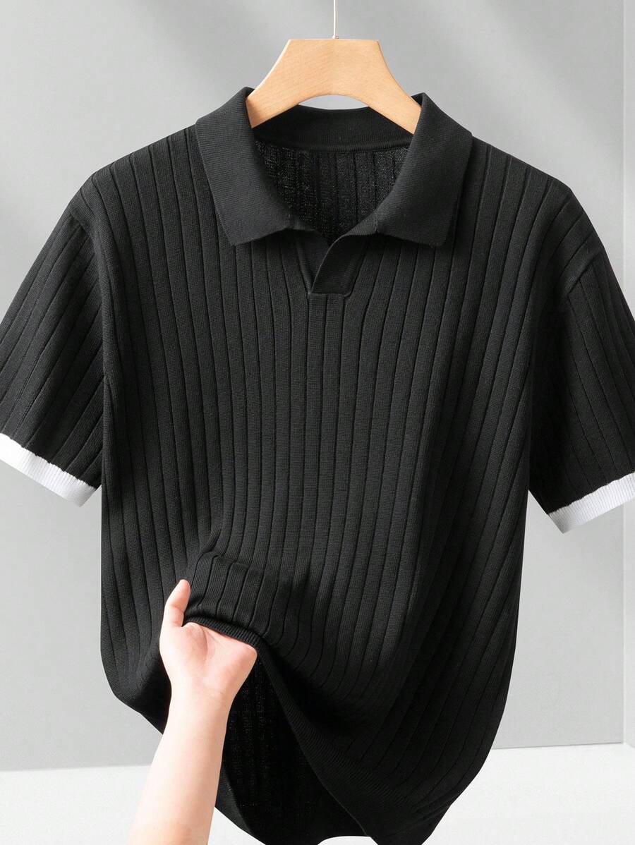 Manfinity Homme Camiseta de punto de manga corta con ribete de contraste casual para hombre, verano