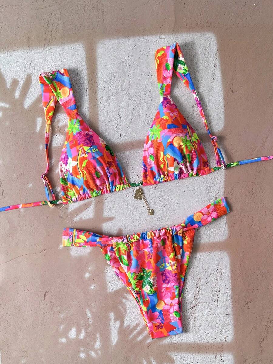 Swim Mod Women Fashion Random Print Spaghetti Strap Metal Decor Sexy Bikini Set, Bathing Suit For Summer Beach Vacation