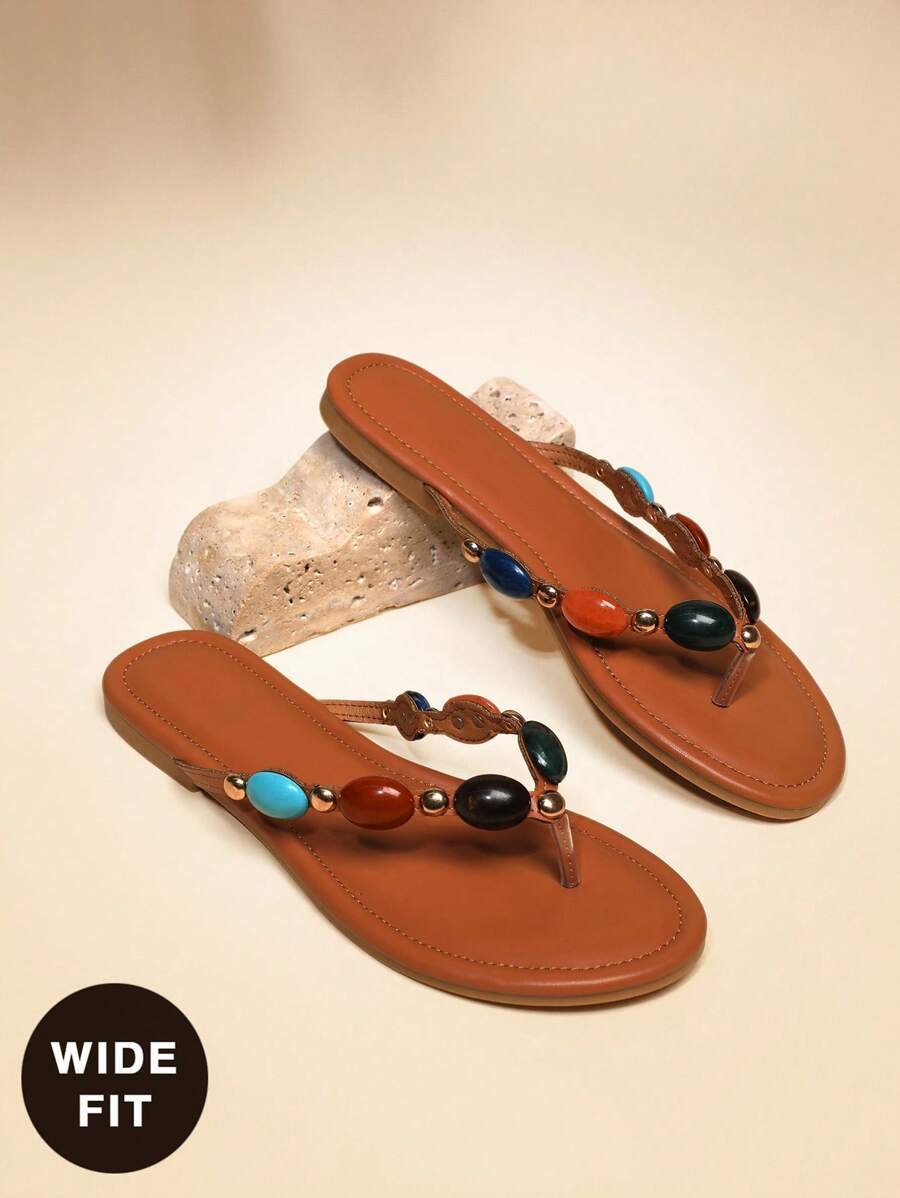 SHUZIA Sandalias planas casuales cómodas y de corte ancho para mujer con decoración de piedras de colores - Estilo punk chic, de vanguardia y