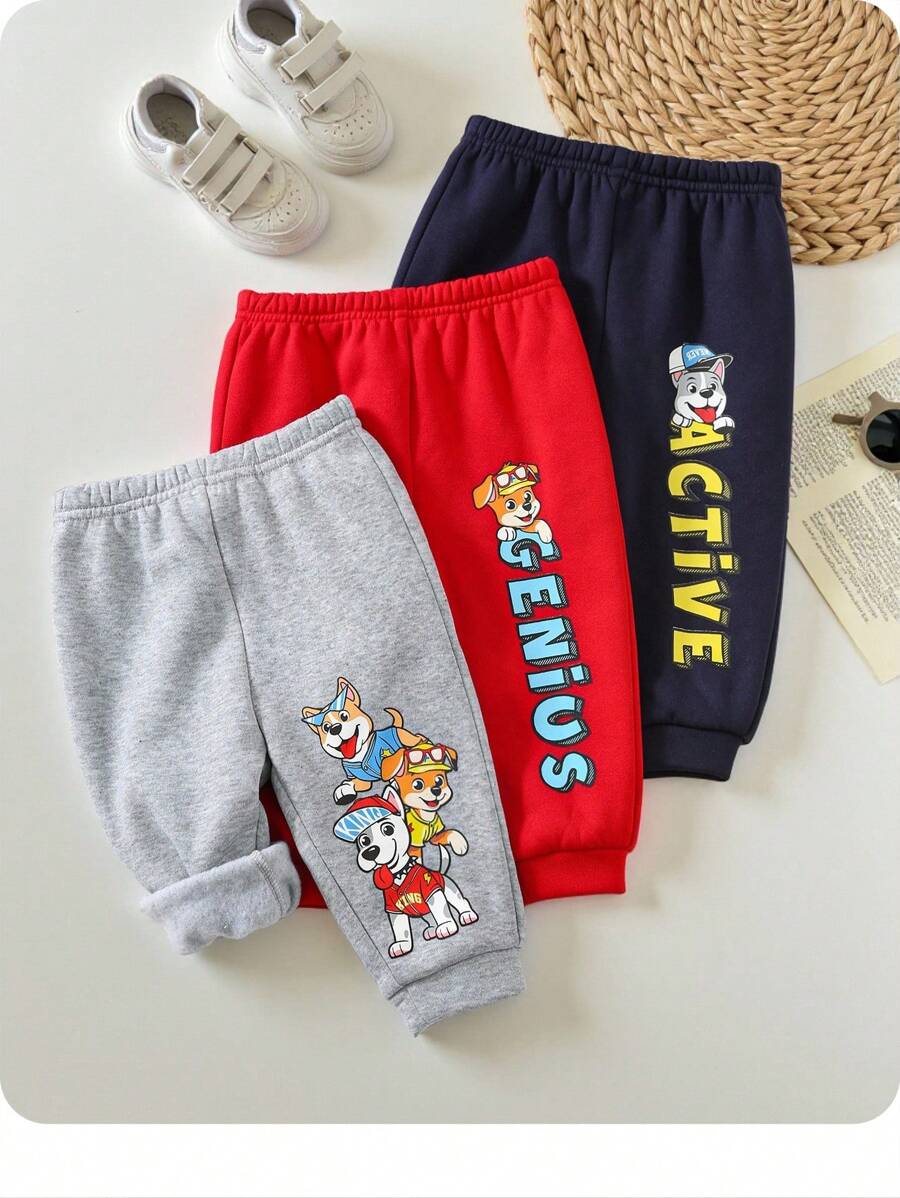 3pcs Cute Puppy Print Knitted Jogger Pants Set For Baby Boys/Girls, Suitable For Autumn/Winter Casual Wear