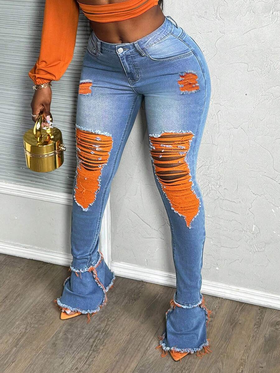 Slaydiva Plus Size Blue Denim Casual Skinny Flare Jeans Summer Outfits For Women Pants Jeans Women Y2k Cowgirl Outfits For Women Contrast Color Ripped Flared Trousers Women Low Rise Jeans Pants For Women Summer Pants Plus Size Jeans