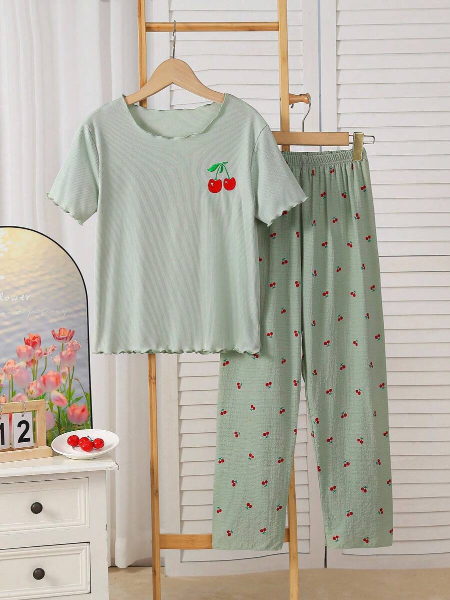 2pcs/Set Teenage Girls Simple Fashion White Base Red Cherry Embroidery Crew Neck Short Sleeve Top And Peach Base All-Over Red Cherry Print Casual Pants Home Suit,Back To School