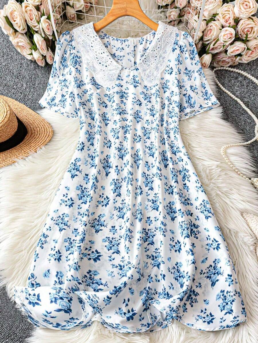DreamSkyne Court Retro Plus Size Women'S Color Block Collar & Floral Print Dress Vacation Beach Outfit