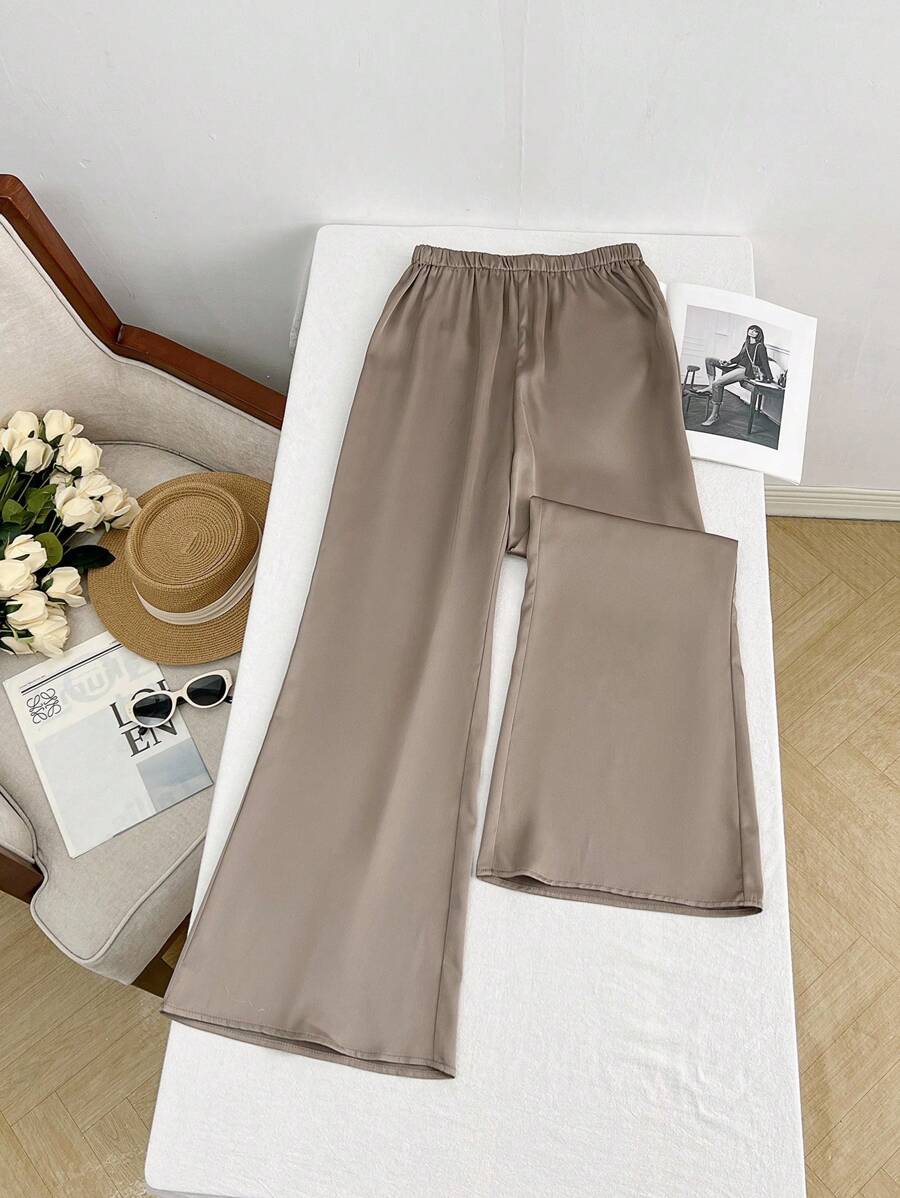 Pantalones sueltos informales de pierna ancha y cintura elástica de unicolor para mujer