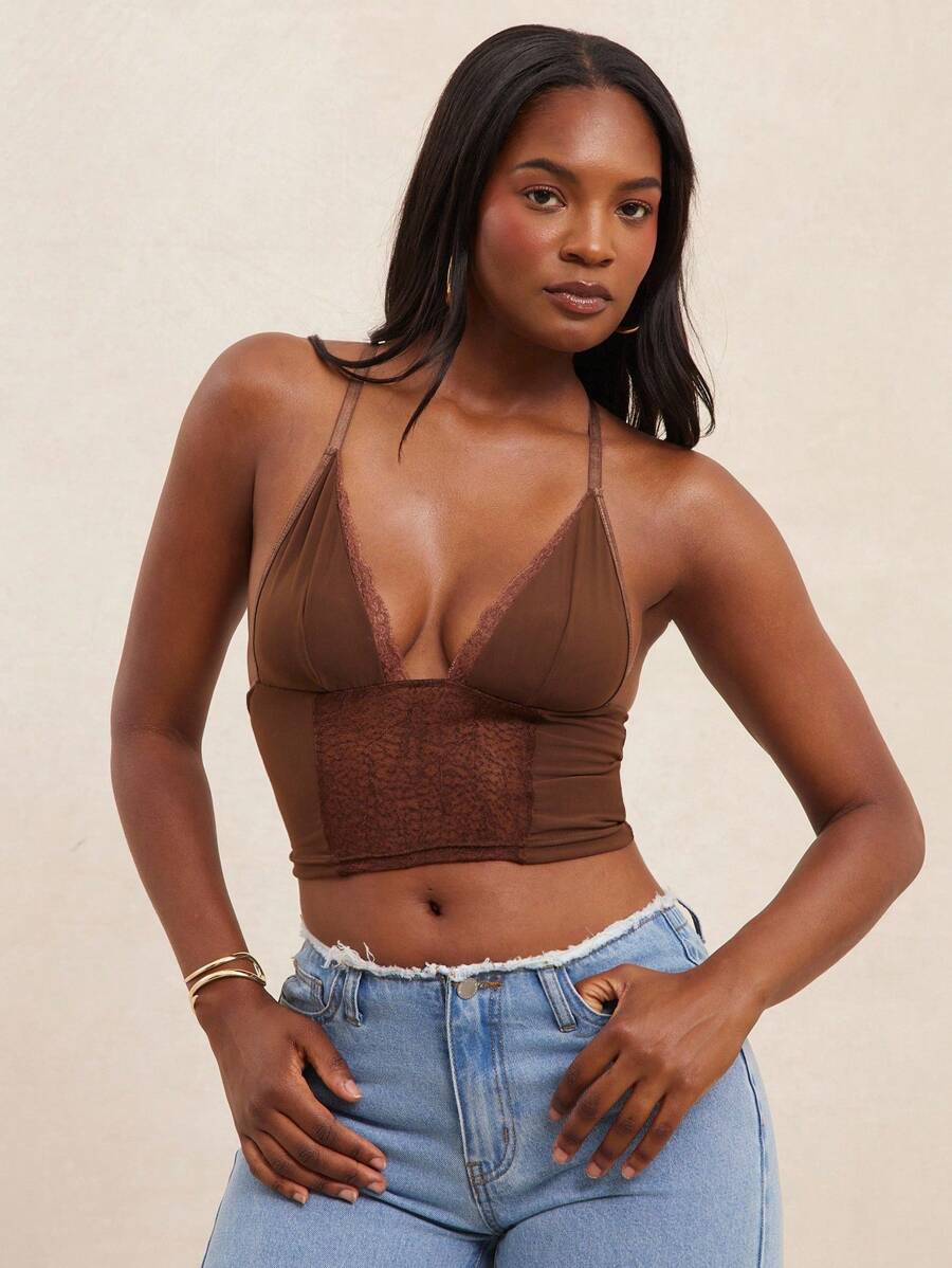 NYA SZN Parte superior con aplicación de encaje, diseño cruzado, estilo crop para verano, festivales de música, elegante para vacaciones, primavera, brunch, playa - para mujeres