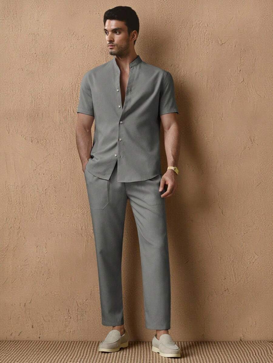 HIMLAND 2pcs Men's Casual Solid Color Slim-Fit Short Sleeve Shirt And Tapered Waist Pants Set, Suitable For Everyday Wear