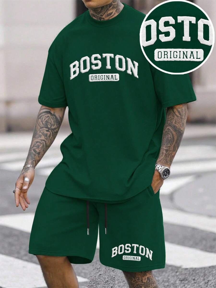 Manfinity Homme Set da uomo taglie forti composto da T-shirt girocollo con stampa a lettera e pantaloncini con cordoncino