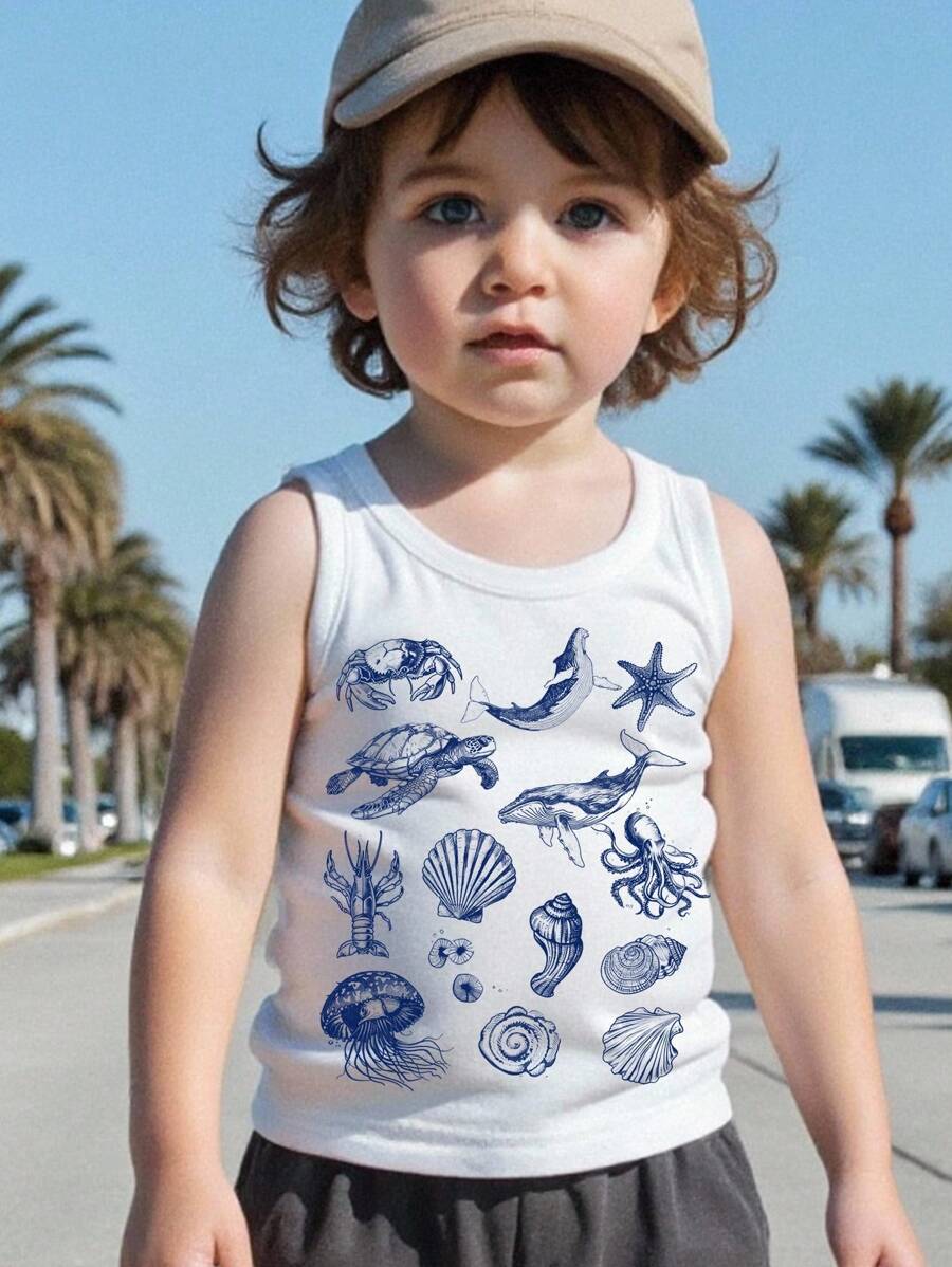 Young Boy Casual Minimalist Cartoon Pattern Vest Top, Suitable For Summer