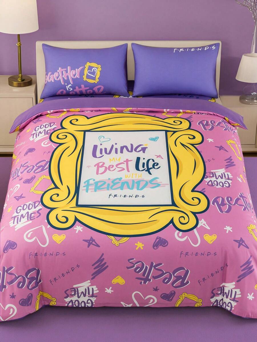 FRIENDS X SHEIN Juego de ropa de cama de 3 piezas, Funda nórdica con diseño de marco de fotos, Suave y acogedor, Cálido y lavable, Apto para camas individuales, queen y king.