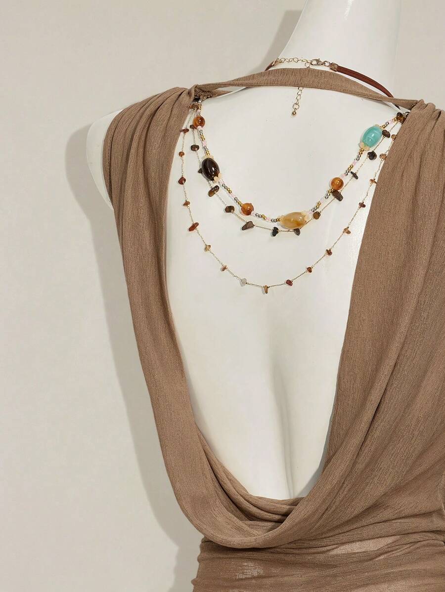 SHEIN ICON Débardeur ample au décolleté plongeant avec perles, dos nu, style américain, polyvalent