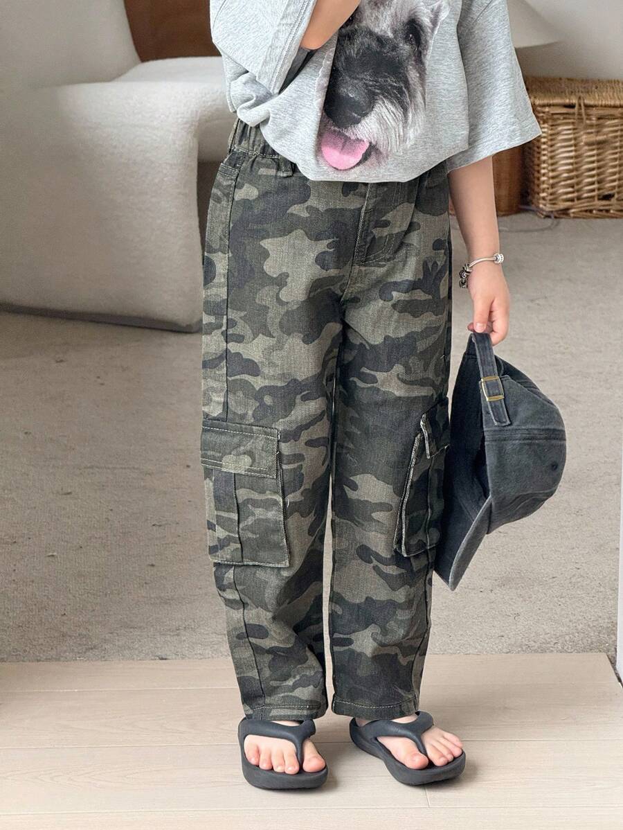 SHEIN Wildeya Y2K Street Style Camouflage Print Flat Pocket Elastic Waistband Cargo Slim Fit Pants, For Young Girls