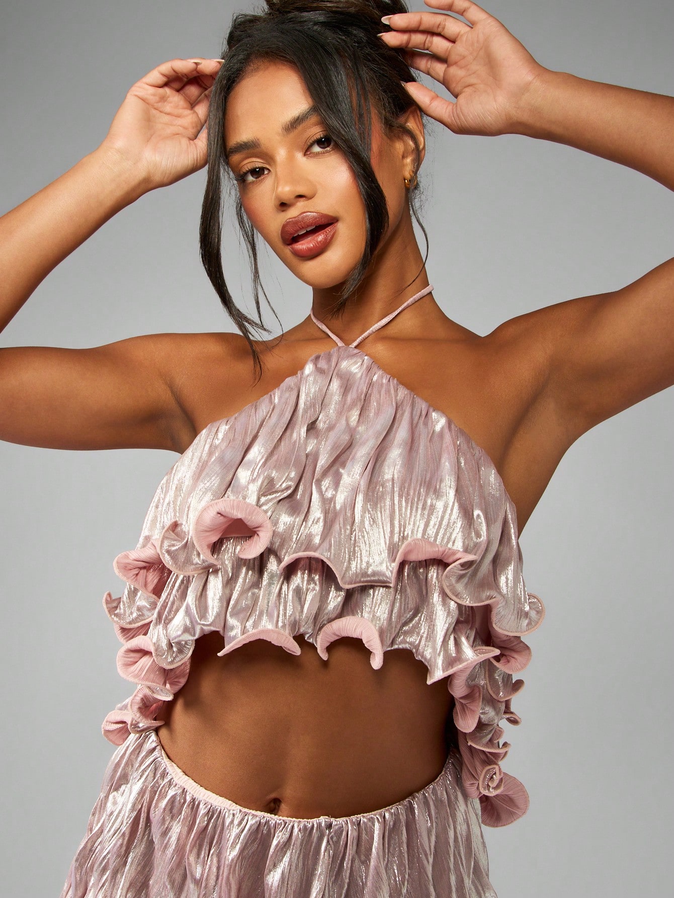 MISSGUIDED Ruffle Metallic Shimmer Halter Top Mini Skirt Set