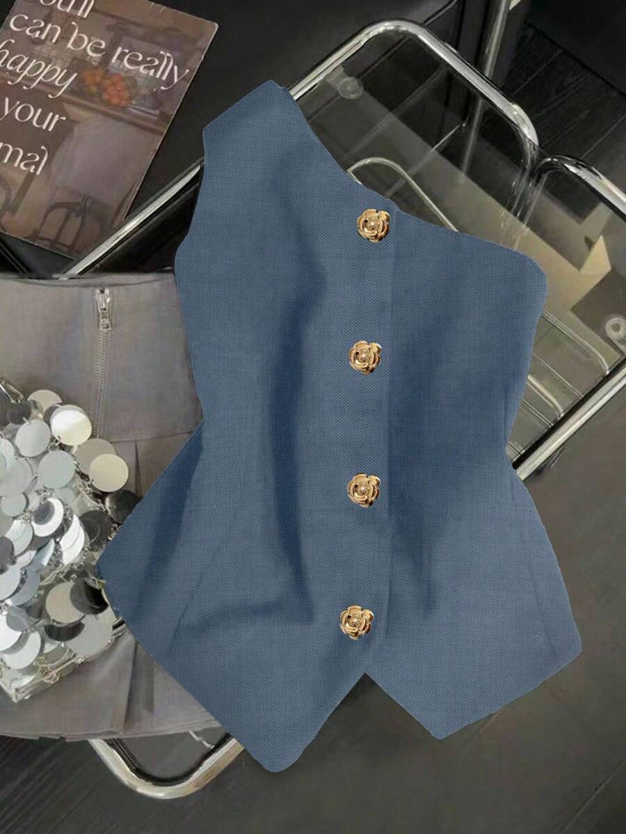 Franclia Camicetta elegante e alla moda da donna a forma di S con spalla inclinata e decorazione di fibbia metallica, adatta per la primavera/estate