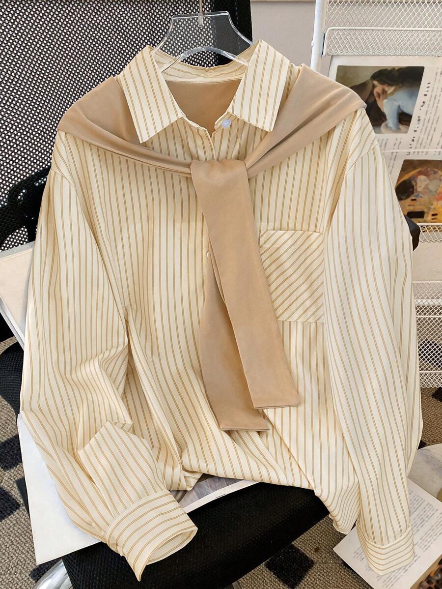 INAWLY Women's Striped Long Sleeve Single-Breasted Casual Pocket Shirt For Autumn