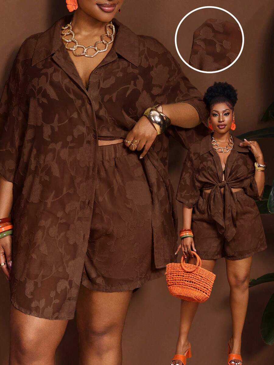 Veslaya 2 pezzi/set di nuova primavera/estate 2025, blusa in chiffon jacquard con maniche a palloncino larghe, spalle leggermente cadenti e orlo anteriore corto e posteriore lungo, abbinata a pantaloncini a vita elastica a gamba ampia - rosa